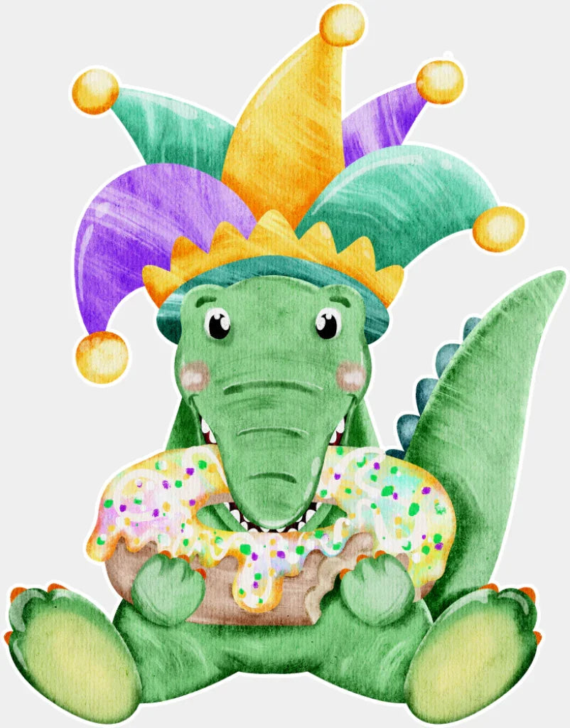 Cute Alligator Eating Donut - Mardi Gras DTF Transfer Adult Unisex - S & M (10’’) / Light Color Design (See Imaging)