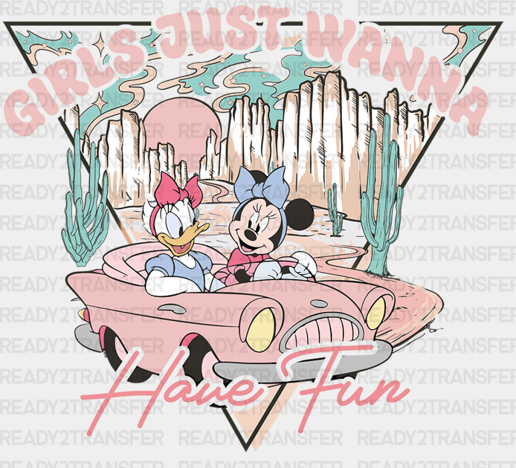 Daisy And Minnie Car Ride Disney Dtf Transfer Adult Unisex - S & M (10’) / White