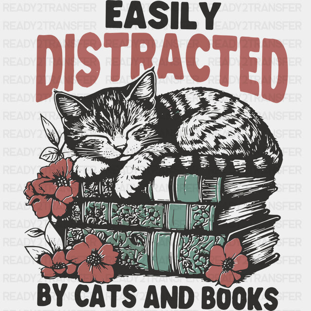 Easily Distracted By Cats And Books - Reading DTF Transfers - Adult Unisex - S & M (10’’) / Dark Color Design (See