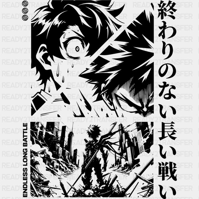 Endless Long Battle B&W - Anime DTF Transfers - Adult Unisex - S & M (10’’) / Dark Color Design (See Imaging)