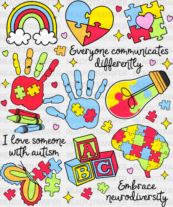 Everyone Communicates Differently Colorful Design - Autism Awareness DTF Transfer
