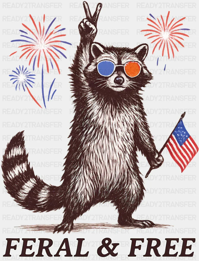 Feral & Free Raccoon Fireworks Design - 4th Of July DTF Transfer Adult Unisex - S & M (10’’) / Dark Color Design (See