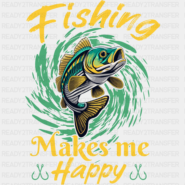 Fishing Makes Me Happy, Yellow & Turqouise - Fishing DTF Transfers ready2transfer