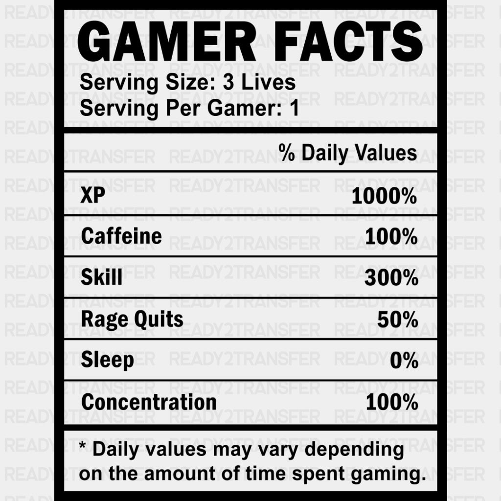 Gamer Facts - Video Game DTF Heat Transfer ready2transfer Dark Color Design ( See imaging )