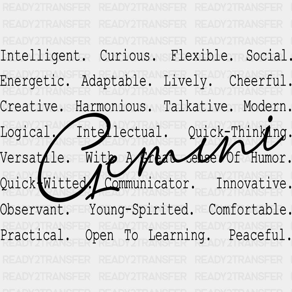Gemini B&W - Zodiacs & Horoscopes DTF Transfers - Adult Unisex - S & M (10’’) / Dark Color Design (See Imaging)
