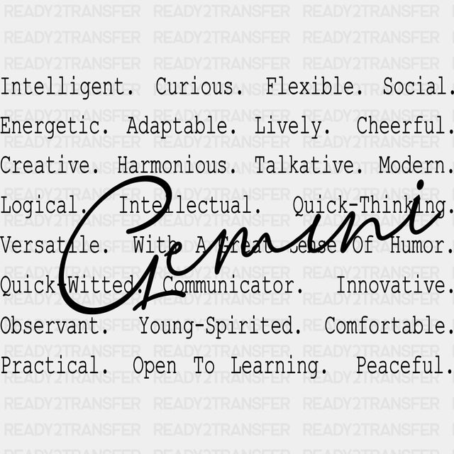 Gemini B&W - Zodiacs & Horoscopes DTF Transfers - Adult Unisex - S & M (10’’) / Dark Color Design (See Imaging)