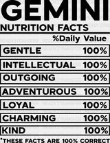 Gemini Nutrition Facts - Zodiacs & Horoscopes Dtf Heat Transfer Adult Unisex S M (10’’) / Dark