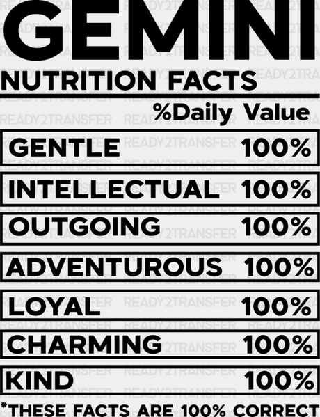 Gemini Nutrition Facts - Zodiacs & Horoscopes Dtf Heat Transfer Adult Unisex S M (10’’) / Dark