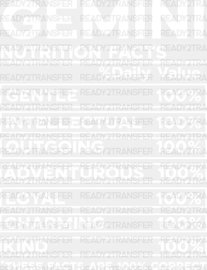 Gemini Nutrition Facts - Zodiacs & Horoscopes Dtf Heat Transfer Adult Unisex S M (10’’) / Light