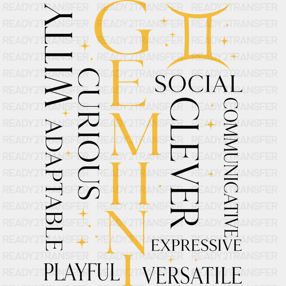 Gemini Qualities Yellow - Zodiacs & Horoscopes DTF Transfers - Adult Unisex - S & M (10’’) / Dark Color Design (See
