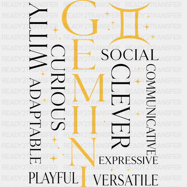 Gemini Qualities Yellow - Zodiacs & Horoscopes DTF Transfers - Adult Unisex - S & M (10’’) / Dark Color Design (See