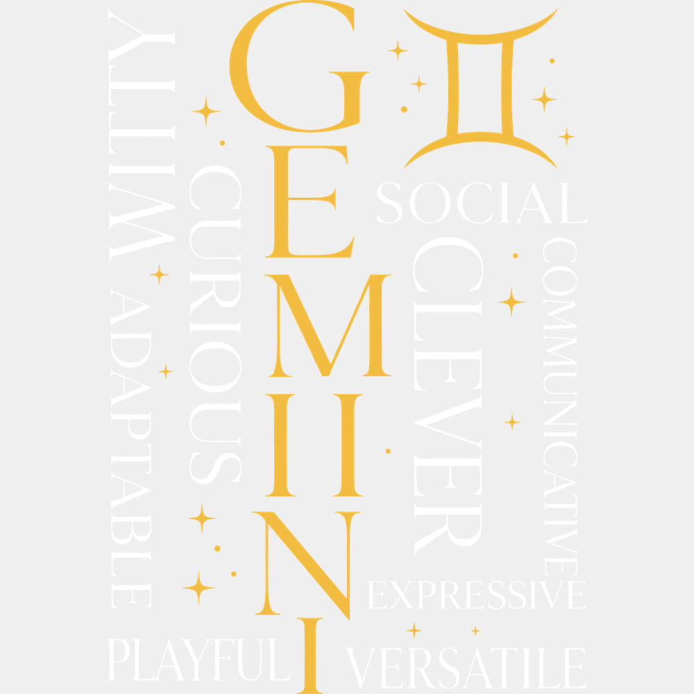 Gemini Qualities Yellow - Zodiacs & Horoscopes DTF Transfers - Adult Unisex - S & M (10’’) / Light Color Design (See