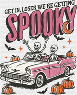 Get In Loser We’re Getting Spooky Pink Car - Halloween DTF Transfer Adult Unisex - S & M (10’’) / Dark Color Design