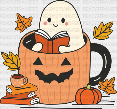 Ghost Reading Book In Mug - Halloween Dtf Transfer Adult Unisex S & M (10’’) / Dark Color