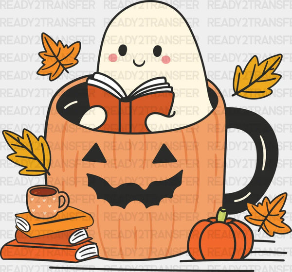 Ghost Reading Book In Mug - Halloween DTF Transfer