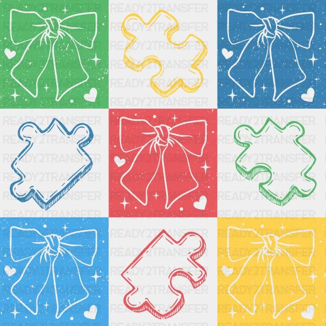 Green Blue Red Yellow Puzzles & Ribbons - Autism Awareness DTF Transfer