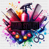 Hair Stylist, Colorful Splash - Hair Stylist DTF Transfers ready2transfer Dark Color Design (See Imaging)