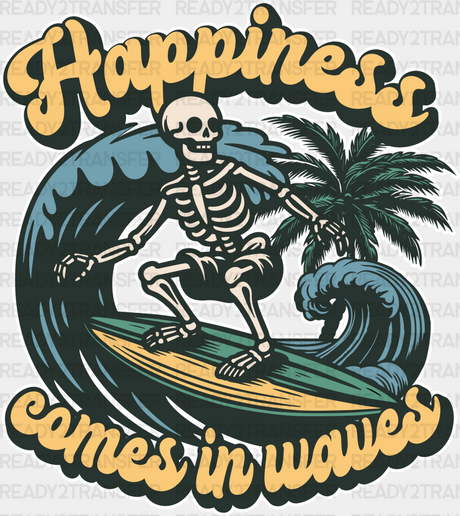 Happiness Comes In Waves Skeleton Design - Surfing Dtf Heat Transfer Adult Unisex S & M (10’) /