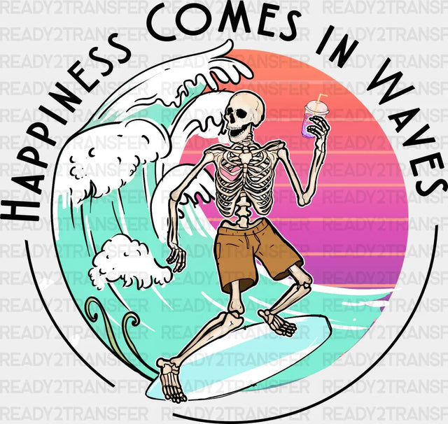 Happiness Comes In Waves Summer Dtf Transfer Adult Unisex - S & M (10’) / Black