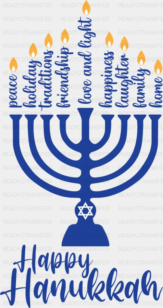 Happy Hanukkah Blue Menorah - Hanukkah DTF Transfer