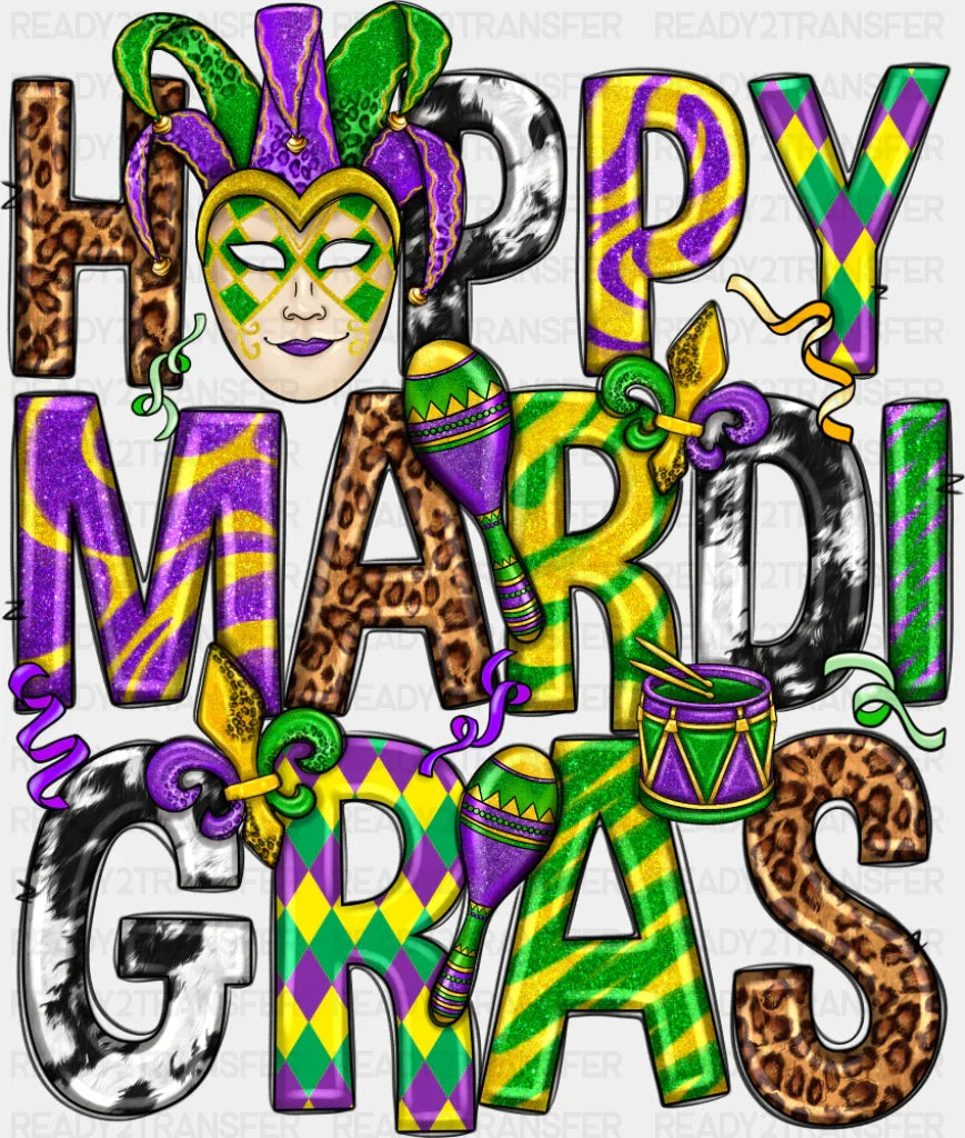 Happy Marti Gras - Mardi Gras DTF Transfer Adult Unisex - S & M (10’’) / Dark Color Design (See Imaging)