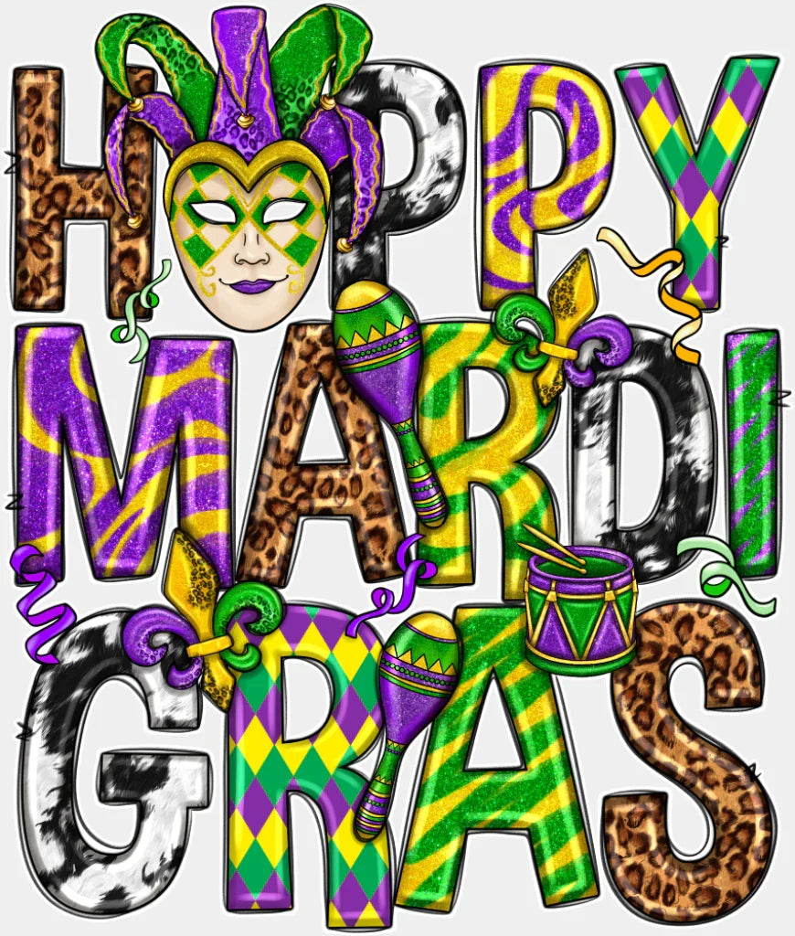 Happy Marti Gras - Mardi Gras DTF Transfer Adult Unisex - S & M (10’’) / Light Color Design (See Imaging)