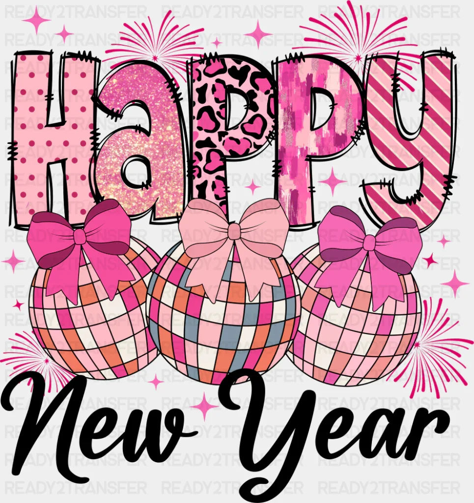 Happy New Year Pink B&W - New Year DTF Transfer Adult Unisex - S & M (10’’) / Dark Color Design (See Imaging)