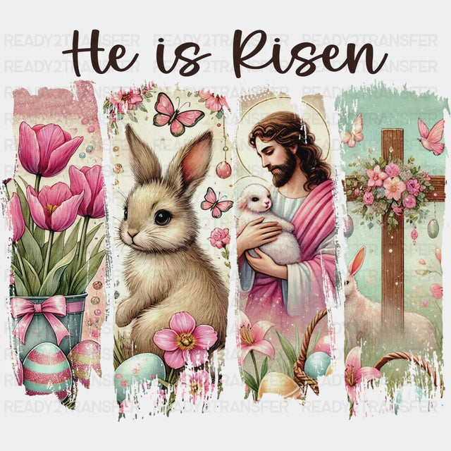 He Is Risen Flowers Rabbit Jesus Cross - Easter DTF Transfer Adult Unisex - S & M (10’’) / Dark Color Design (See