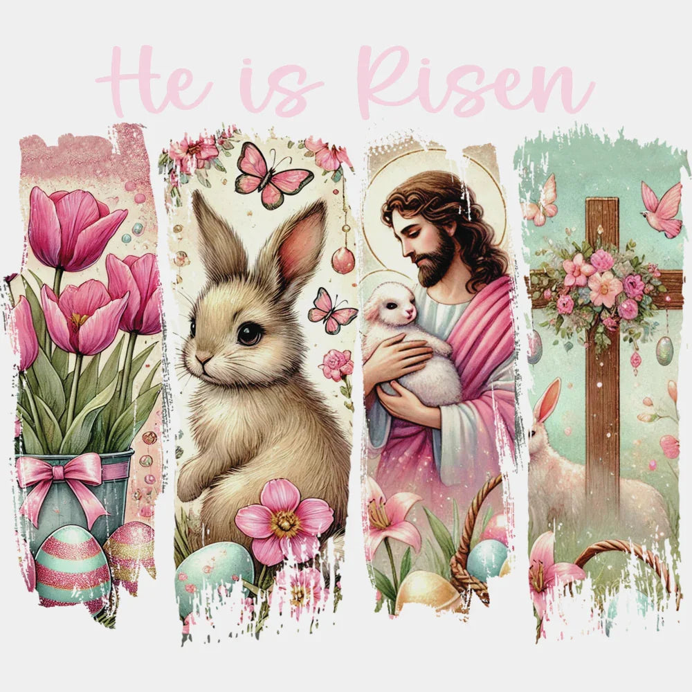 He Is Risen Flowers Rabbit Jesus Cross - Easter DTF Transfer Adult Unisex - S & M (10’’) / Light Color Design (See