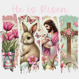 He Is Risen Flowers Rabbit Jesus Cross - Easter DTF Transfer Adult Unisex - S & M (10’’) / Light Color Design (See