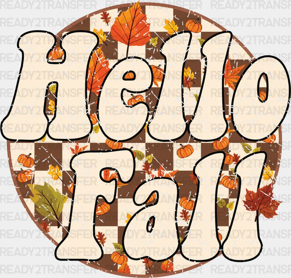 Hello Fall Circular Checkered Design - Fall DTF Transfer