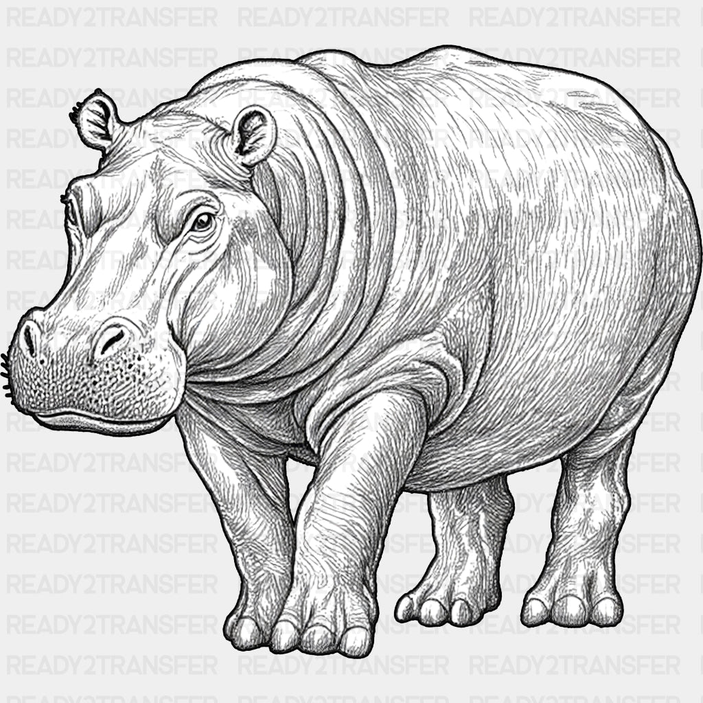 Hippopotamus B&W - Animals DTF Transfers - Adult Unisex - S & M (10’’) / Dark Color Design (See Imaging)