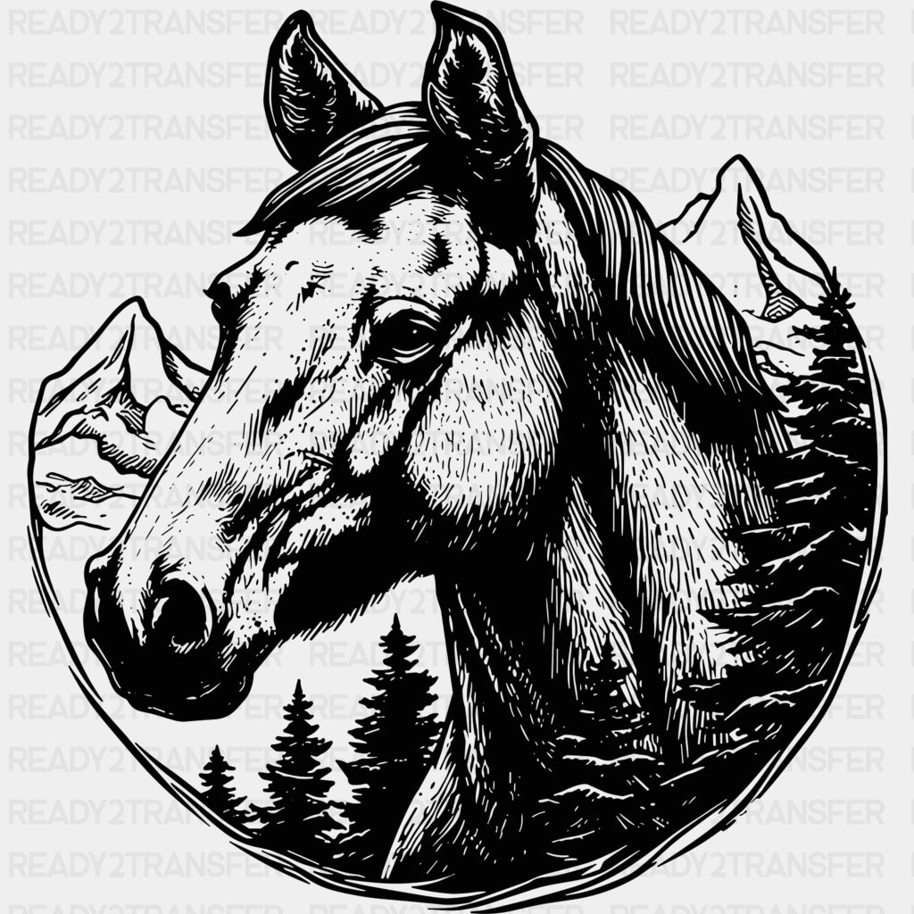 Horse & Mountain Portrait - Animals DTF Transfers - Adult Unisex - S & M (10’’) / Dark Color Design (See Imaging)