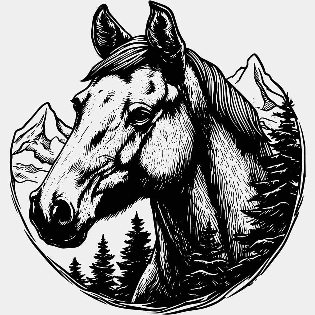 Horse & Mountain Portrait - Animals DTF Transfers - Adult Unisex - S & M (10’’) / Light Color Design (See Imaging)