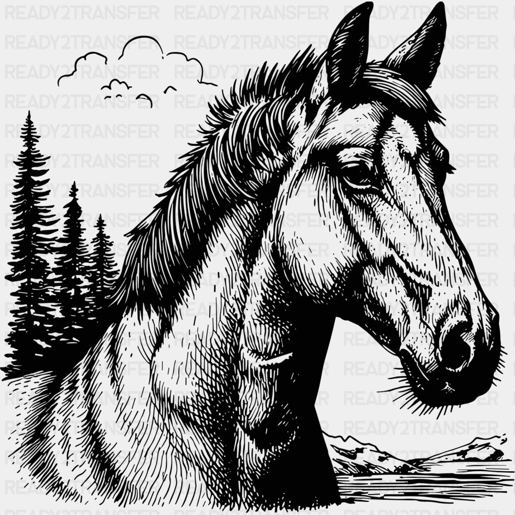 Horse Portrait - Animals DTF Transfers - Adult Unisex - S & M (10’’) / Dark Color Design (See Imaging)