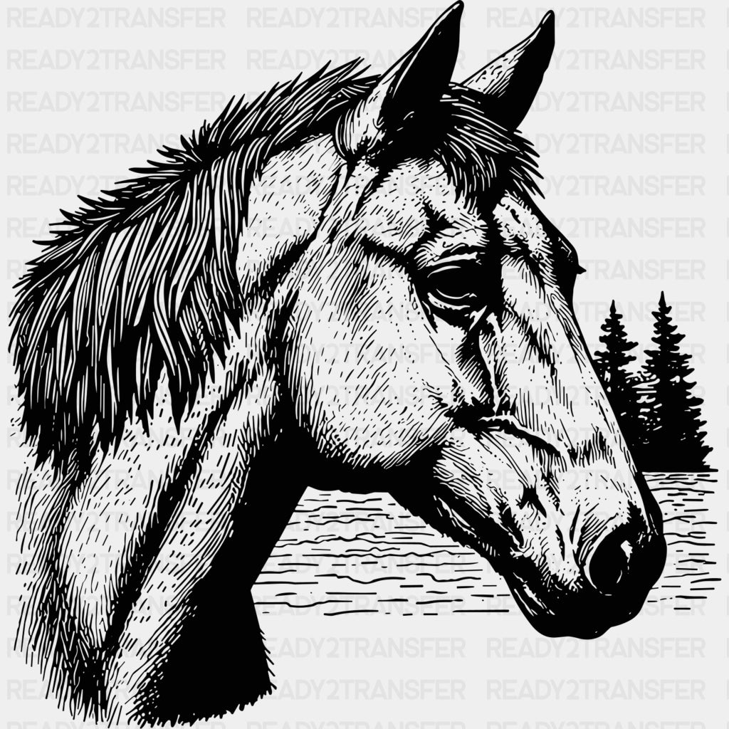 Horse Portrait B&W - Animals DTF Transfers - Adult Unisex - S & M (10’’) / Dark Color Design (See Imaging)