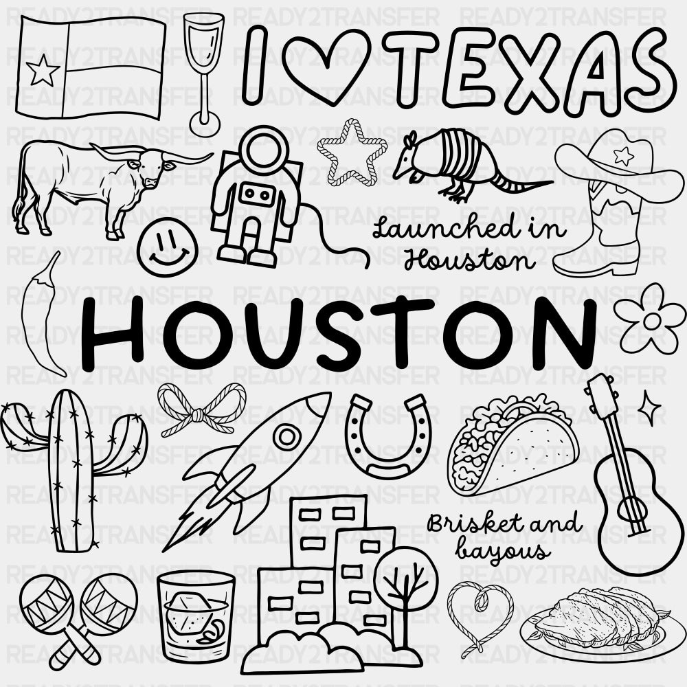 Houston B&W Doodles - States & Cities DTF Transfers ready2transfer Dark Color Design (See Imaging)