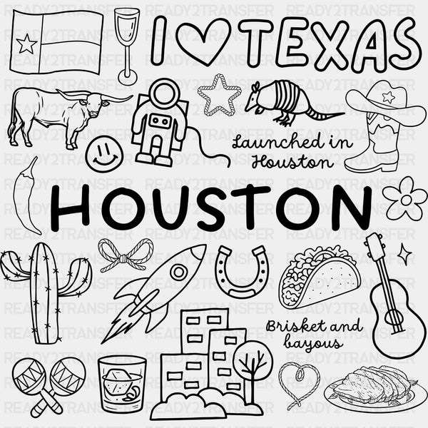Houston B&W Doodles - States & Cities DTF Transfers