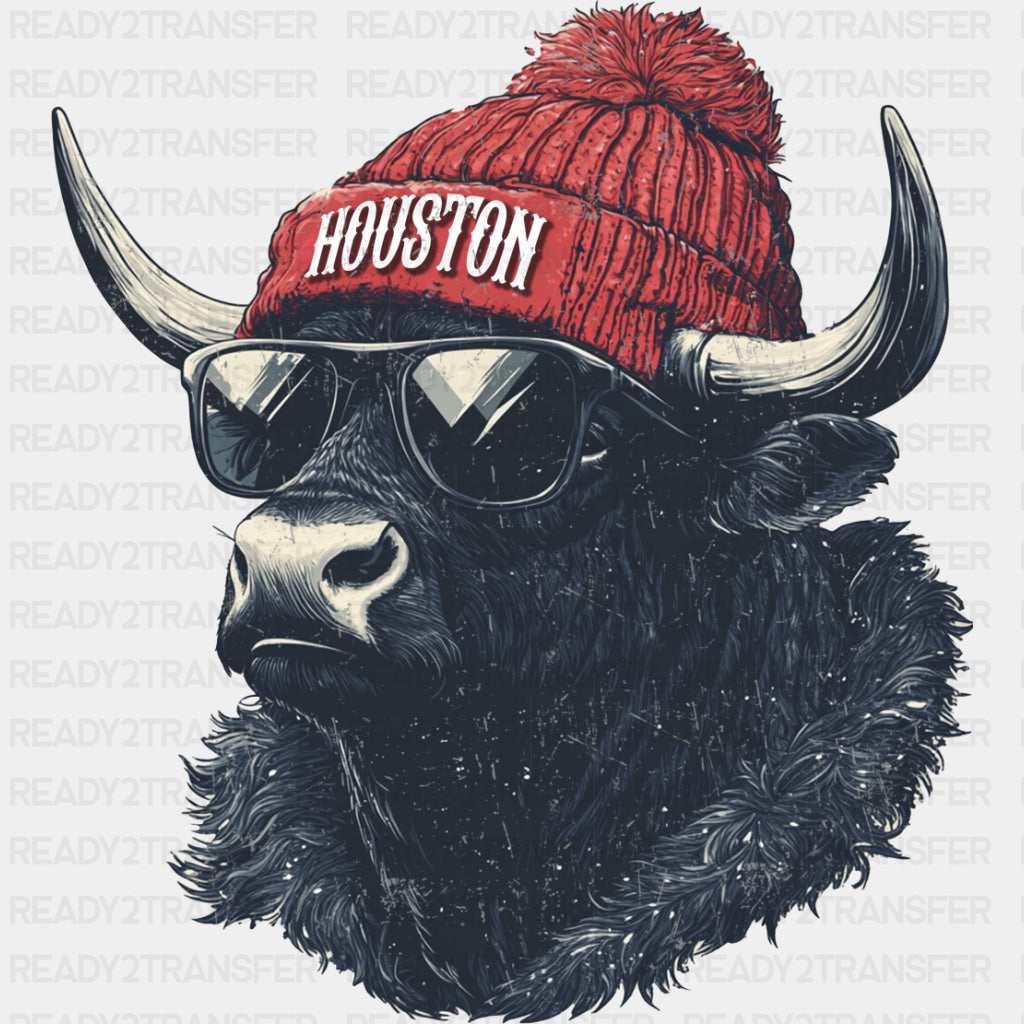 Houston Bull, Red Beanie - States & Cities DTF Transfers ready2transfer Dark Color Design (See Imaging)