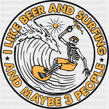 I Like Beer And Surfing - Surfing DTF Transfers ready2transfer Dark Color Design (See Imaging)