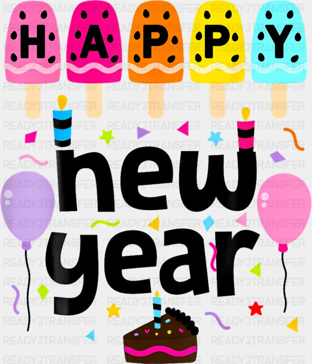 Ice Pops Happy New Year B&W - New Year DTF Transfer Adult Unisex - S & M (10’’) / Dark Color Design (See Imaging)