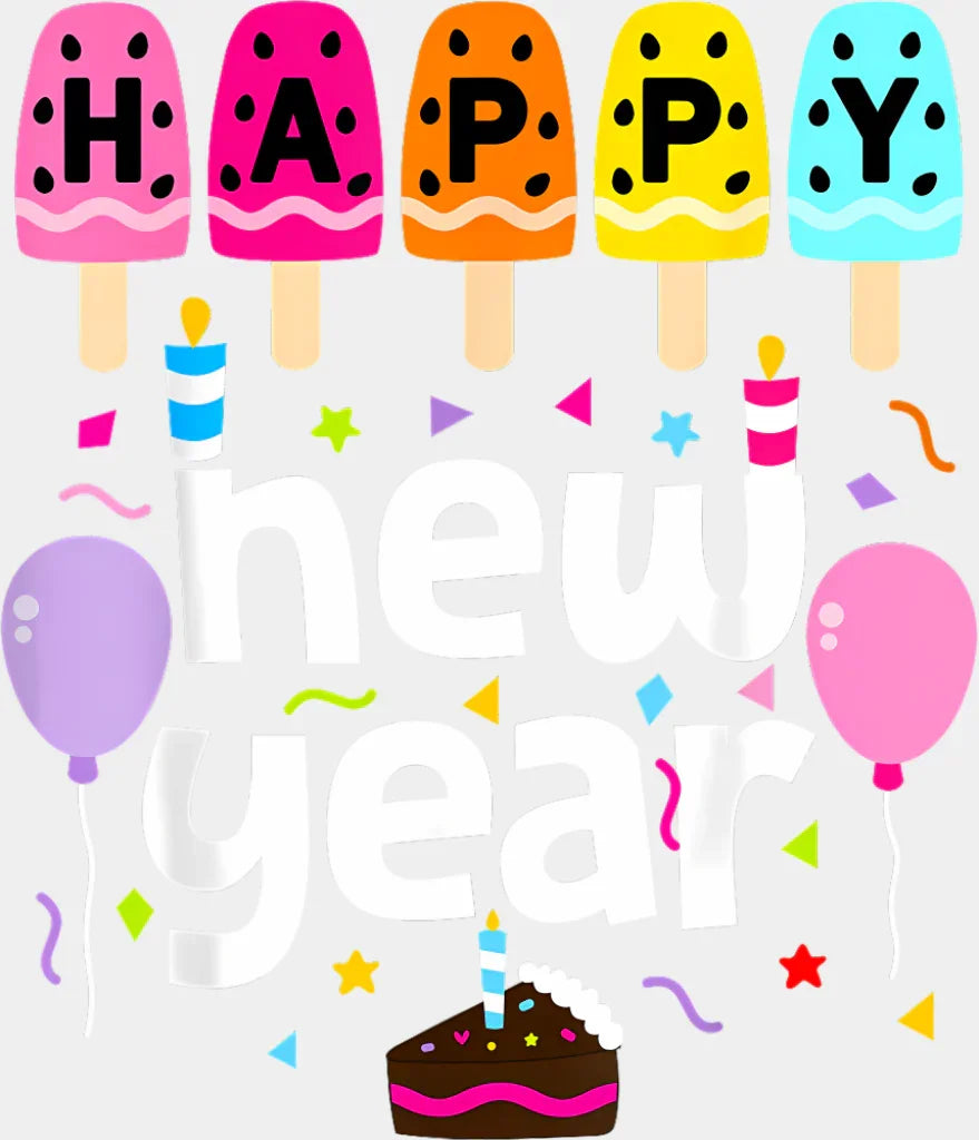 Ice Pops Happy New Year B&W - New Year DTF Transfer Adult Unisex - S & M (10’’) / Light Color Design (See Imaging)