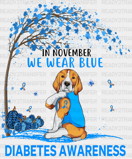 In November We Wear Blue Dog Design - Diabetes Dtf Heat Transfer Adult Unisex S & M (10’’) /