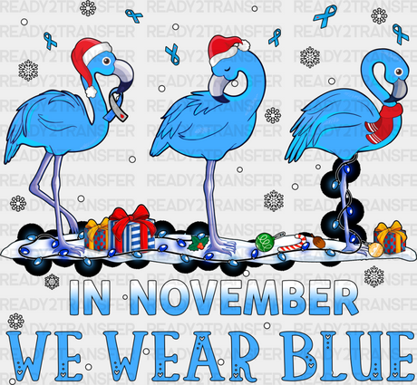 In November We Wear Blue Flamingo - Diabetes Dtf Heat Transfer Adult Unisex S & M (10’’) / Dark