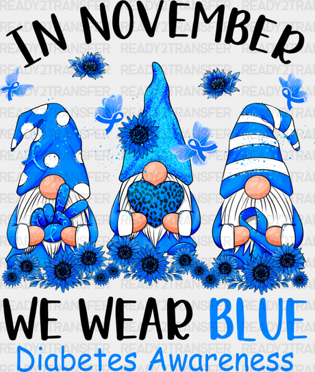 In November We Wear Blue Gnomes - Diabetes Dtf Heat Transfer Adult Unisex S & M (10’’) / Dark