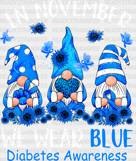 In November We Wear Blue Gnomes - Diabetes Dtf Heat Transfer Adult Unisex S & M (10’’) / Light