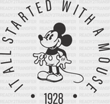 It All Started With A Mouse 1928 Disney Dtf Transfer Adult Unisex - S & M (10’) / Black