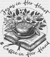 Jesus In Her Heart & Coffee In Her Hand - Christianity DTF Transfer Adult Unisex - S & M (10’’) / Dark Color Design