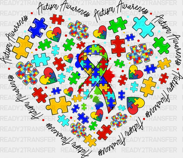 Jigsaw Ribbon Heart Design - Autism Awareness Dtf Transfer Adult Unisex S & M (10’’) / Dark