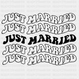 Just Married Wavy B&W - Honeymoon DTF Transfers ready2transfer Dark Color Design (See Imaging)